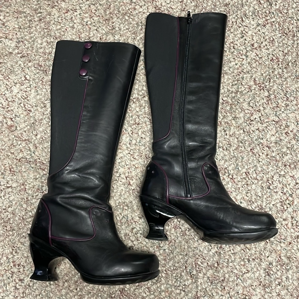 John Fluevog Black Boots with Purple Trim